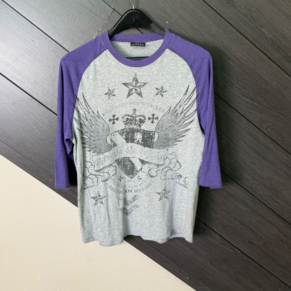XG Women's Graphic Raglan Tee Purple Gray Crown Wings Size Small Y2K Grunge
